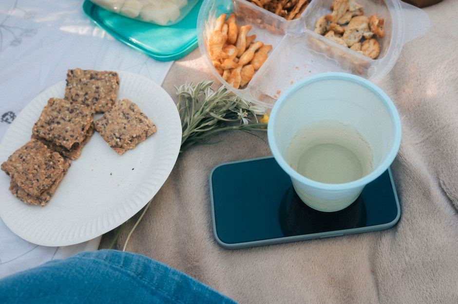 Assiette avec des biscuits sains, gobelet de boisson et téléphone sur une couverture de pique-nique.